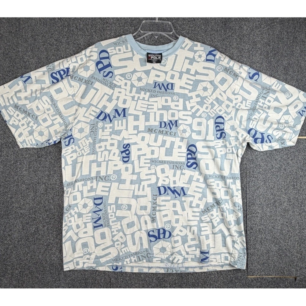 VTG‎ SouthPole All Over Print AOP Short Sleeve T-Shirt Blue White Skater XL